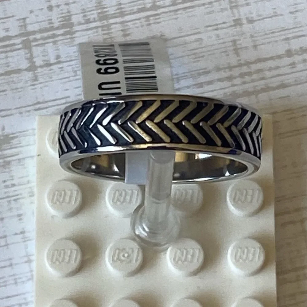 Men’s Stainless Steel Ring Size 11 Silver Tone Chevron Chain Pattern Band